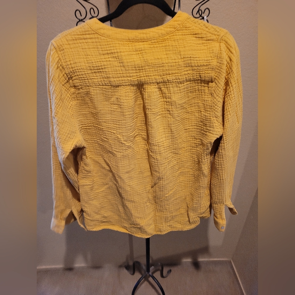 NMOTE womens L mustard yellow gold Henley Gauze long sleeve Top Fairly Used